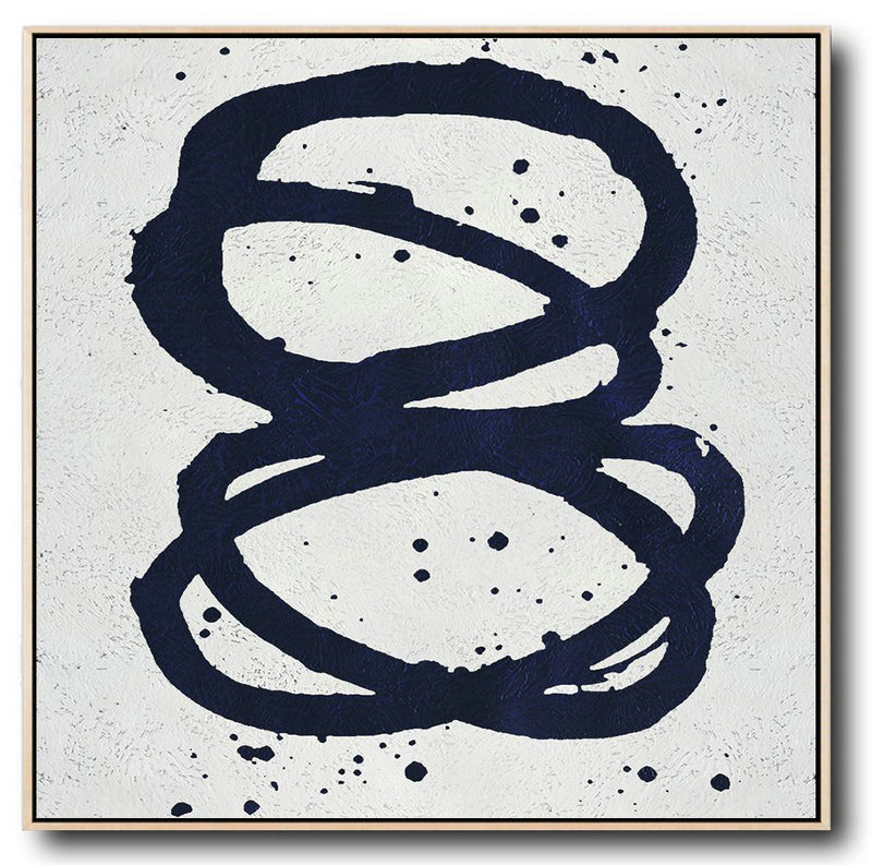 Large Abstract Painting Canvas Art,Minimalist Navy Blue And White Painting,Personalized Canvas Art